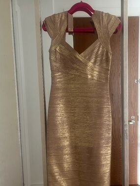 Herve leger gold foil gown, size medium